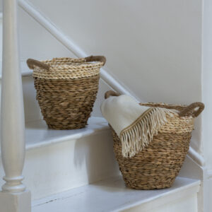Straw and Corn Basket with thick natural stripe Set of 2